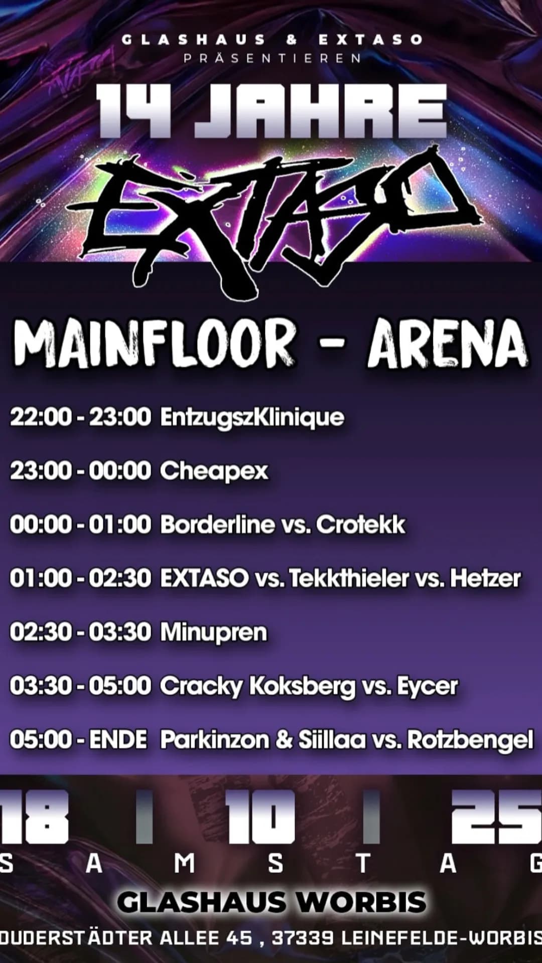Flyer: 14 JAHRE EXTASO – Glashaus Worbis Duderstädter Allee45, 37339 Leinefelde-Worbis – 4AM Techno Event